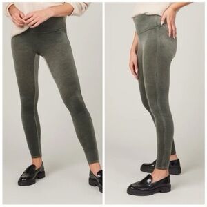 Spanx Velvet Leggings Women Medium High Waist Ankle Dark Palm Green Stretch‎